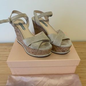 Prada suede cork platform wedge sandals